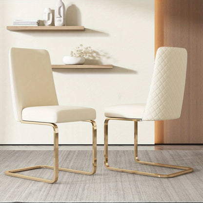 Eetkamerstoel – Stoel – Kuipstoel – Woonkamerstoel – Luxe Stoel – Set van 2 – Beige Velvet – Diamantpatroon Rugleuning – Gouden Metalen Poten
