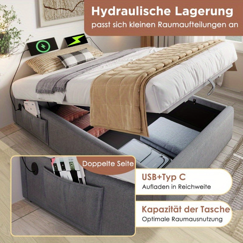 Eenpersoonsbed 90x200 cm – Bedframe – Opbergbed – Stalen Bed – Slatbodem – Stijlvol Modern – Comfortabel Stevig