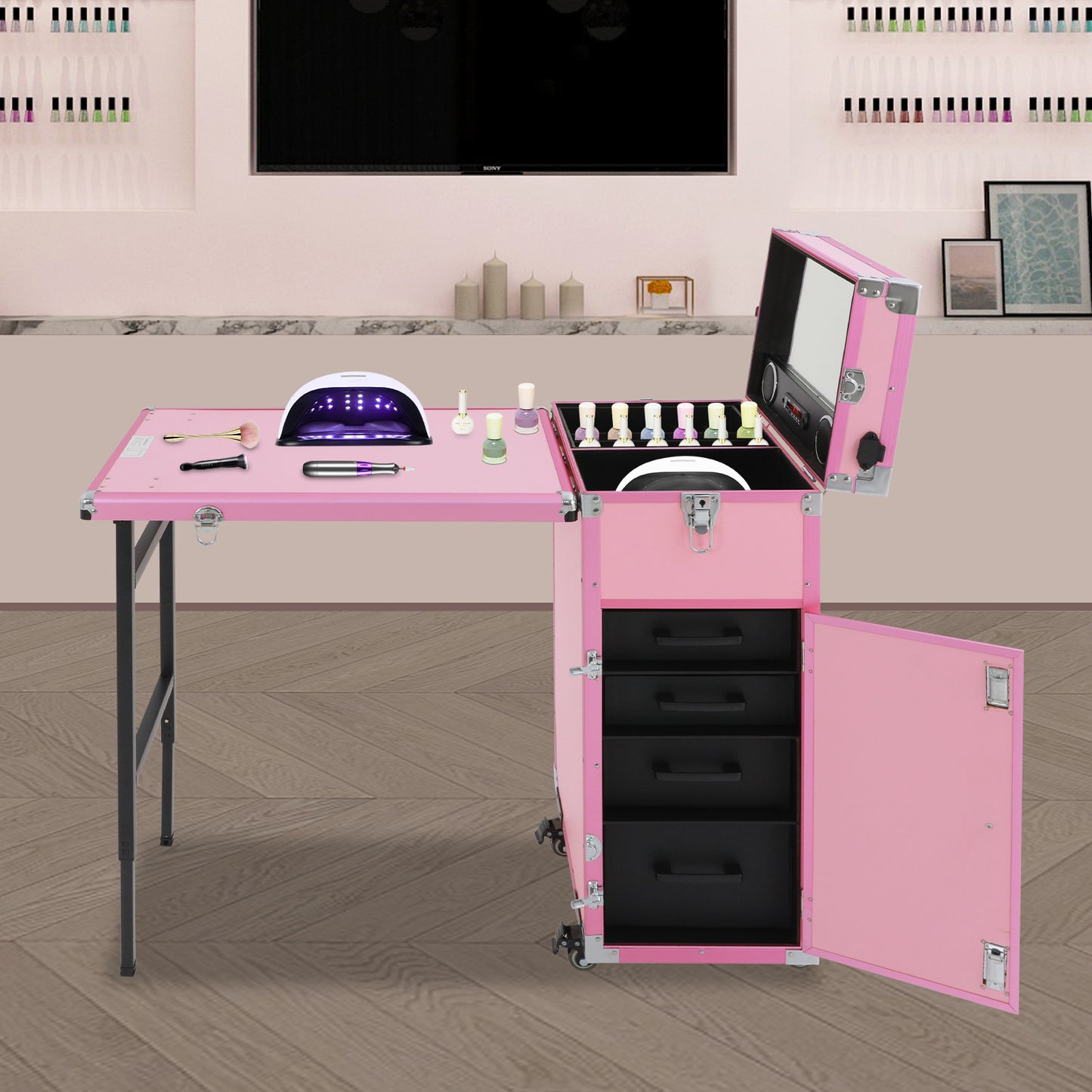 Make-up Tafel – Kaptafel – Make-up Organizer – Vanity Tafel – Schminktisch – Roze – Duurzaam ABS Materiaal – Inklapbaar Met Wachtwoordslot