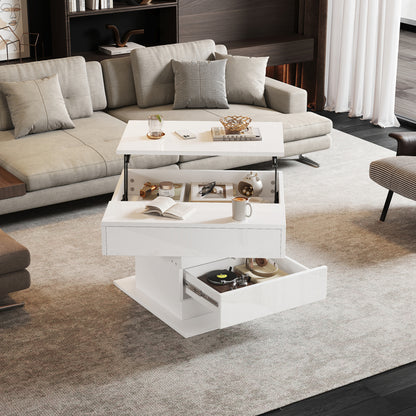 70*70*45cm Geometric Coffee Table | 360° Rotating Top, Height-Adjustable with 1 Drawer, High-Gloss, Concealed Storage, Modern Style, White, Metal Material