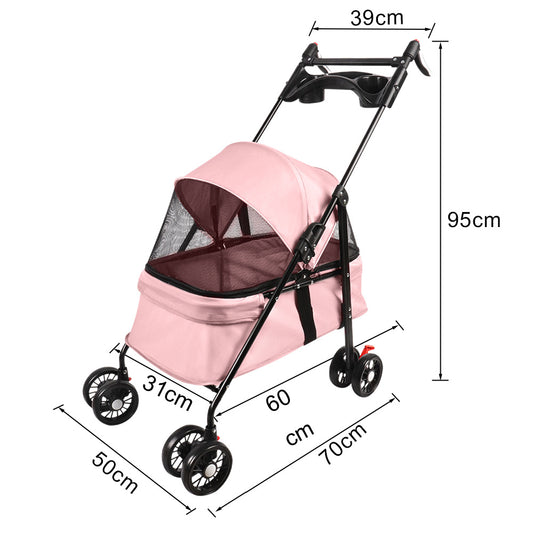 Inklapbare Hondenbuggy – Dierenwagen – Huisdierenwagen – Hondenkar – Kattenbuggy – Compact & Stevig Carbonstaal Frame – Max 15 Kg Draagvermogen – Roze 50x70x95 cm