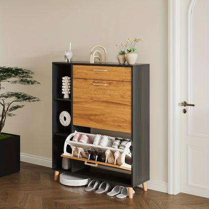 Schoenenkast – Schoenenrek – Schoenopberger – Halmeubel – Opbergkast – Smal Design – Zwart Hardhout – Uittrekbare Lade – Voor Circa 12-15 Paar Schoenen