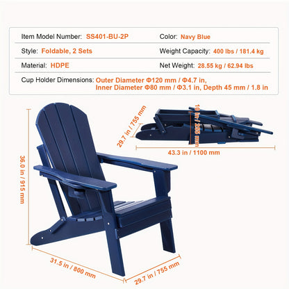 Adirondack Tuinstoel – Tuinfauteuil – Buitenstoel – Inklapbare Stoel – Navy Blauw – Weerbestendig Kunststof – Set Van 2