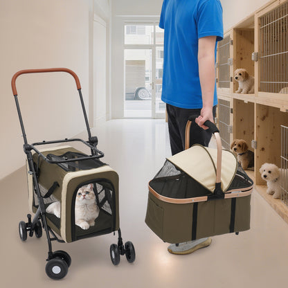2-Tier Pet Stroller | Premium Materials, Breathable and Comfortable, Multifunctional Design, Easy to Store and Carry, Suitable for Cats and Dogs, NaMaSyo, Army Green