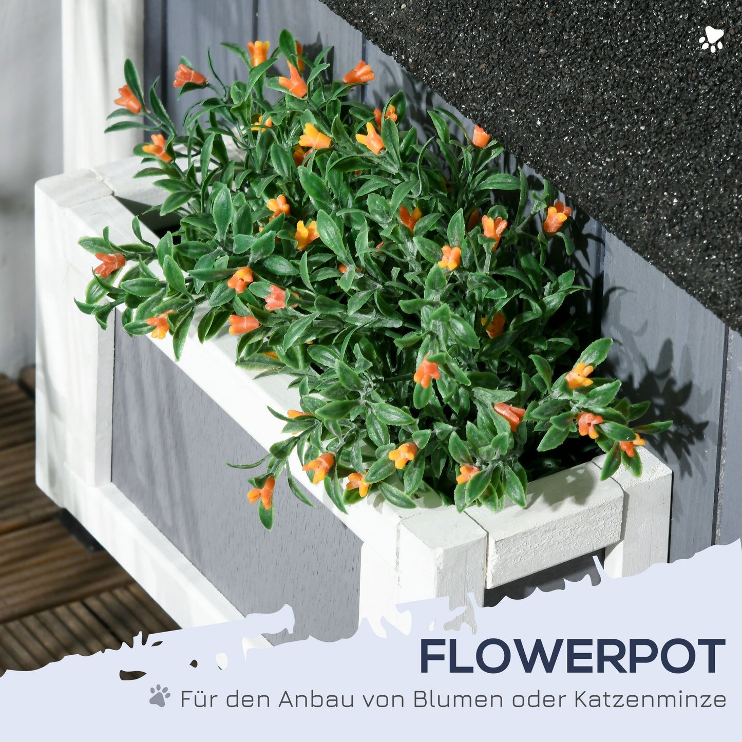 Buitenhuis Kat – Katzenhuis – Kattenhok – Kattenverblijf – Kattenhuisje – Grijs – Waterbestendig Grenenhout – Asphalt Dak met Verhoogde Vloer