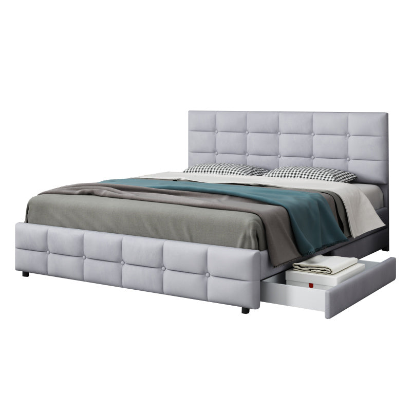 Tweepersoonsbed – Bed met opberglades – Platformbed – Slaapbank – Met opbergruimte – Grijs linnen – 4 royale lades – Stevig metalen frame – 140x200 cm – Geen montage nodig