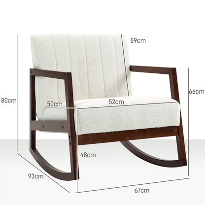 Schommelstoel – Relaxstoel – Fauteuil – Voedingsstoel – Loungestoel – Massief Heveahout Frame – Moderne Witte Wolstof – Antislip Voeten – Gemakkelijk Montage – 67x93x80 cm