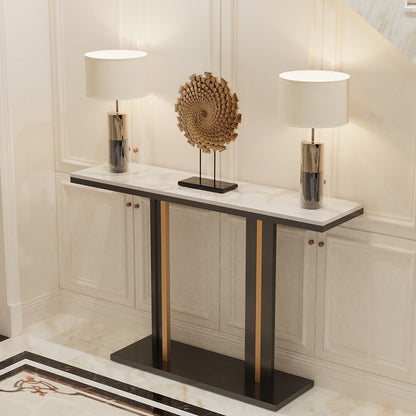 Sidetable – Consoletafel – Wandtafel – Haltafel – Bijzettafel – Krasbestendig Gesinterd Steen Blad – Zwart Gouden Metaalframe
