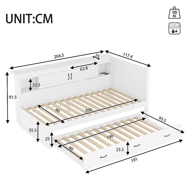 Bankbed – Slaapbank – Bedbank – Logeerbed – Slaapstoel – Modern Wit – Uitschuifbaar 90x200 cm – Opbergruimte Onder Bed Met Wieltjes