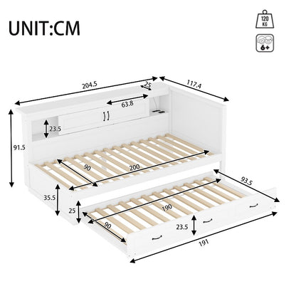 Bankbed – Slaapbank – Bedbank – Logeerbed – Slaapstoel – Modern Wit – Uitschuifbaar 90x200 cm – Opbergruimte Onder Bed Met Wieltjes