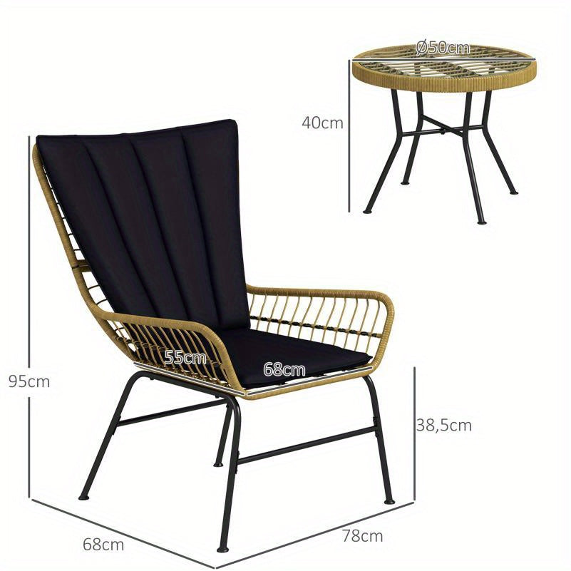 Rattan Tuinstoel Set – Tuinmeubilair – Buitenset – Balkonmeubilair – Terras Stoel – Comfortabel Voor 2 Personen – Zwart Met Gouden Accenten