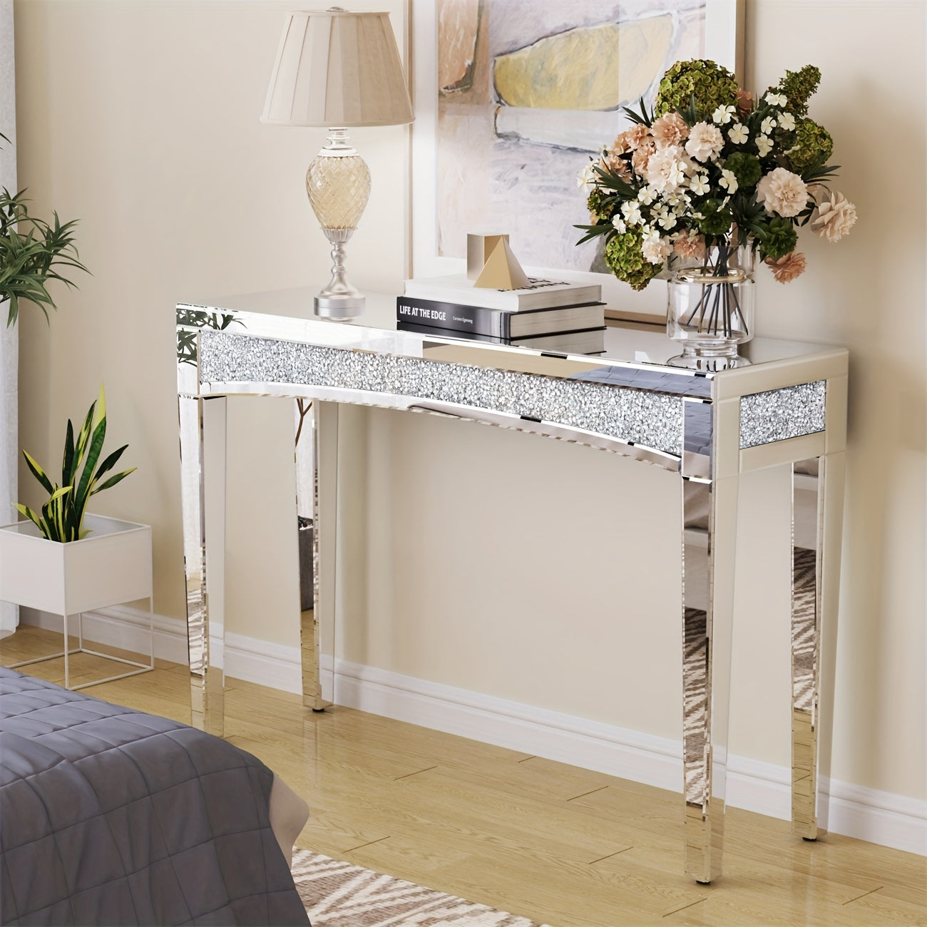 Spiegelconsole – Sidetable – Haltafel – Dressoir – Bijzettafel – 120x80 cm – Zilverplated Glas – Crushed Diamant Accent