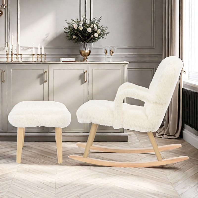 Schommelstoel – Relaxstoel – Fauteuil – Wipstoel – Lounge Stoel – Met Voetensteun – Wit Pluche – Massief Houten Frame
