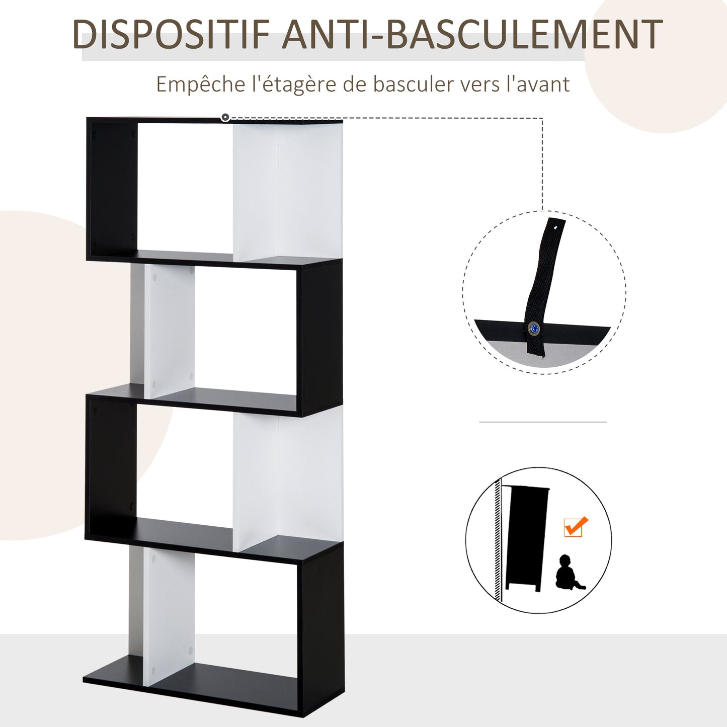 Boekenplank – Boekenrek – Wandplank – Wandkast – Opbergkast – S-vormig Design – 4 Planken – Zwart-Wit – Anti-Kantelapparaat – 60x24x148 cm