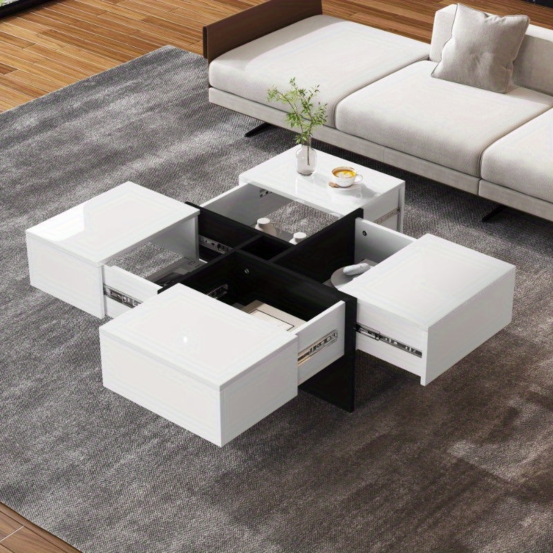 Salontafel – Woonkamertafel – Bijzettafel – Koffietafel – Tafel – Hoogglans Afwerking – 70x70x35 cm Met Opbergruimte En 4 Laden