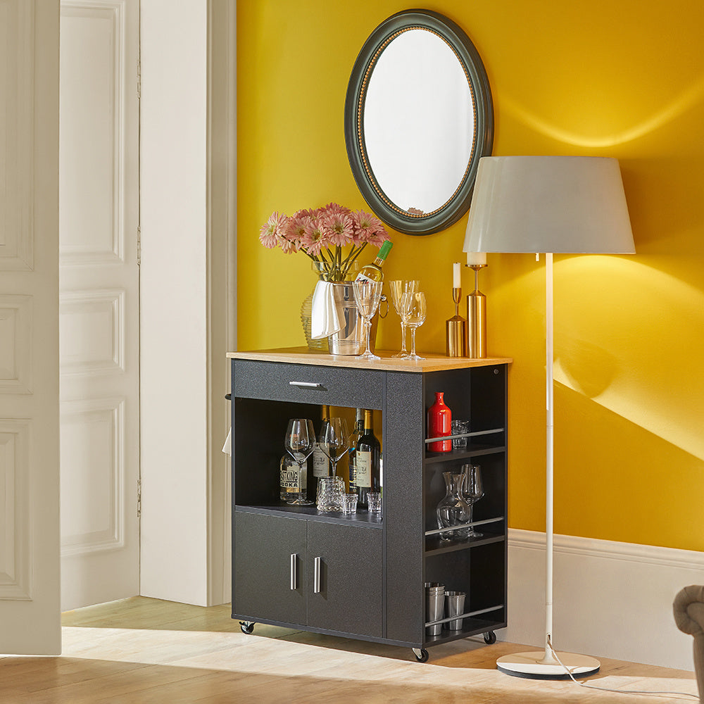 Keukentrolley – Keukenwagen – Serveerwagen – Keukenrek – Opbergkar – Met Lade en Deuren – MDF Zwart – 75x46x83 cm – Verrijdbaar met Remmen