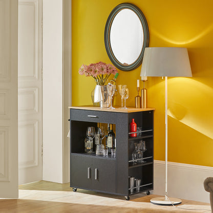 Keukentrolley – Keukenwagen – Serveerwagen – Keukenrek – Opbergkar – Met Lade en Deuren – MDF Zwart – 75x46x83 cm – Verrijdbaar met Remmen