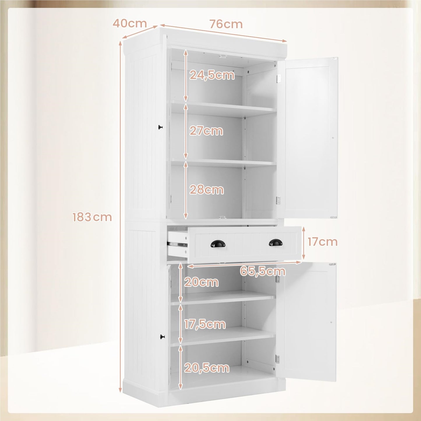 Houten Keukenkast – Keukenkastje – Bergkast – Opbergkast – Dressoir – 4 Deuren en Laden – Verstelbare Planken – Vrijstaande Hoge Kast – Wit – 76x40x183 cm