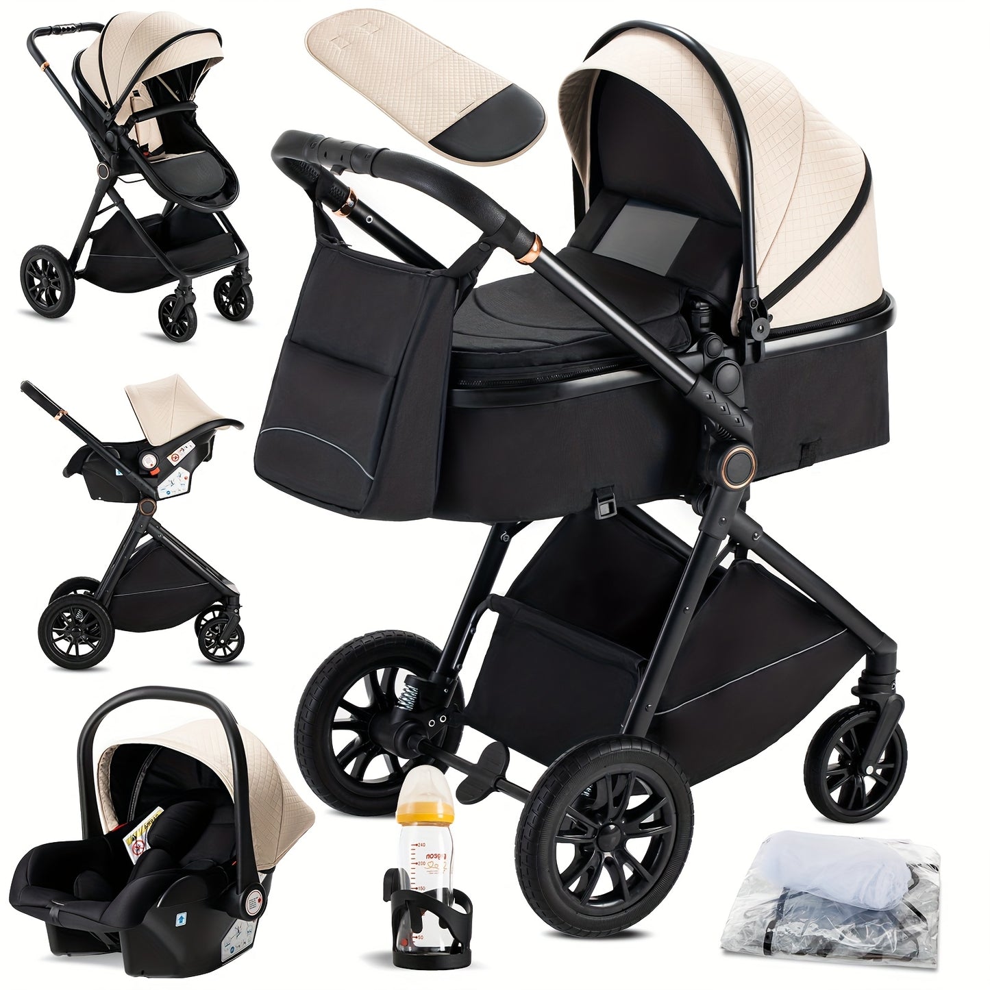 3-in-1 Kinderwagen – Buggy – Combi Kinderwagen – Babybedje – Wandelwagen – Lichtgewicht Aluminium Frame – Eénhandige Vouwfunctie – Roze