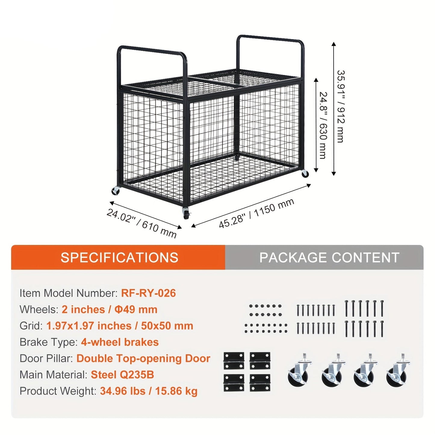 Ballenwagen – Ballenkar – Ballenrek – Balsportwagen – Ballenopberger – Inklapbaar – Stevig IJzeren Gaas – Afsluitbaar met Wielen – 114,3x60,96x63,5 cm