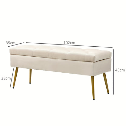 Opbergbank – Opbergbankje – Zitbank – Halbank – Opbergkist – Beige Velvet Bekleding – Met Metalen Frame 102x36x43 cm