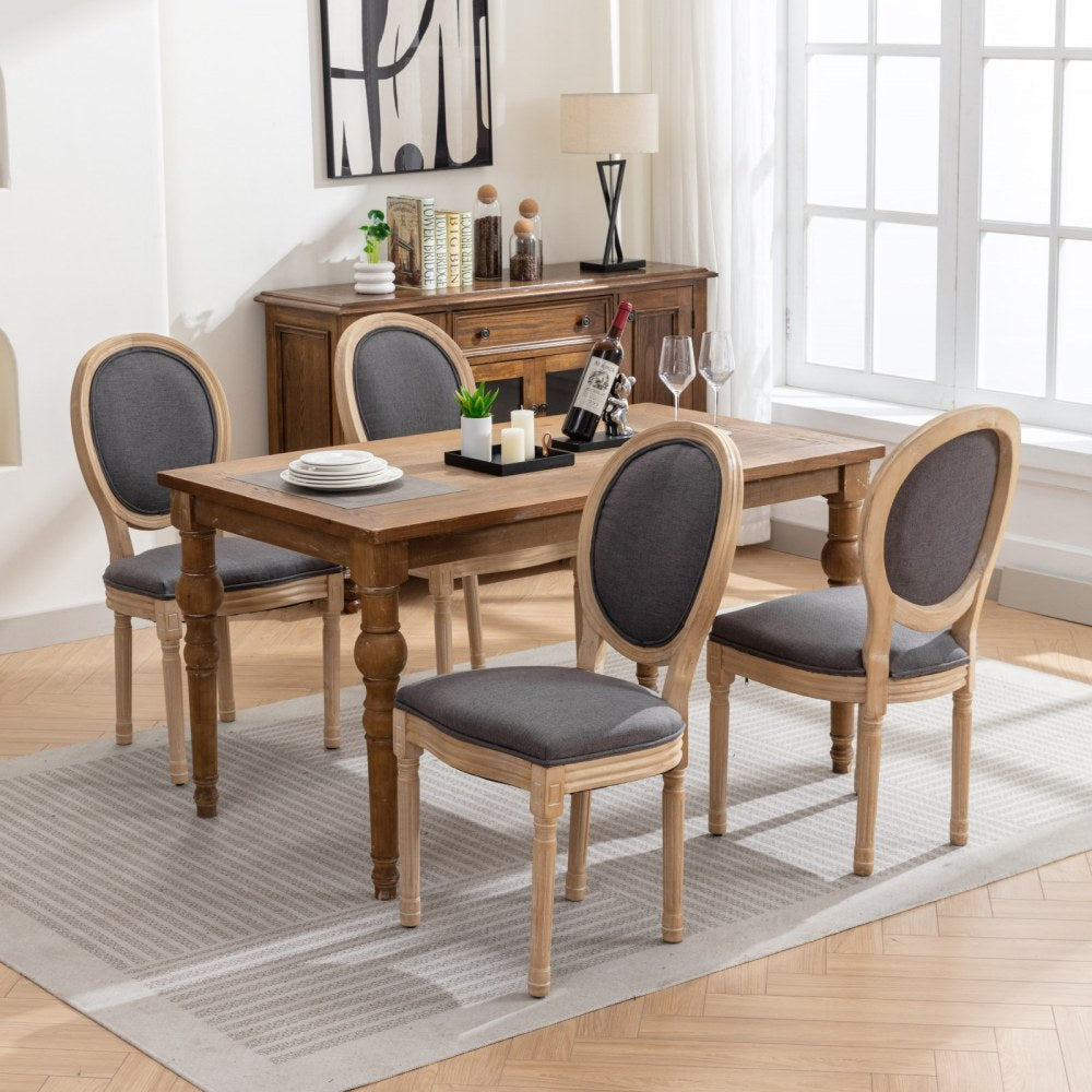 Dining chairs, French-style frame with Vintage oil painting-inspired linen upholstered backrest, set of two, deep grey, comfortable and durable.