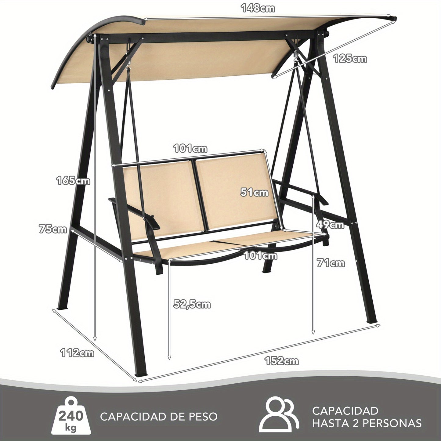 Schommelbank – Tuinschommel – Buitenschommel – Hangbank – Zitschommel – 2-Persoons Beige – Gepoedercoat Stalen Frame – Verstelbare Zonneluifel