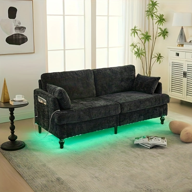 2-Zits Bank – Compacte Sofa – Tweezits Fauteuil – Loveseat – Zithoek – Chenille Bekleding – Stevige Houten Poten – Met Opbergzak – Zwart – Ruimtebesparend Design