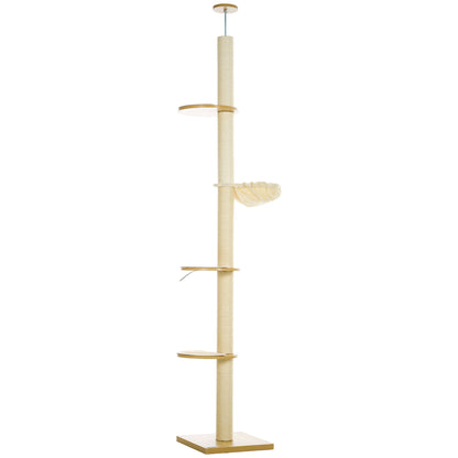 Krabpaal – Krabmeubel – Klimpaal – Kattenpaal – Speelpaal – Verstelbare Hoogte 230-250 cm – Anti-Kantel Veiligheidssysteem – Sisaltouw – Houtcomposiet – Eikenhout & Crème Wit