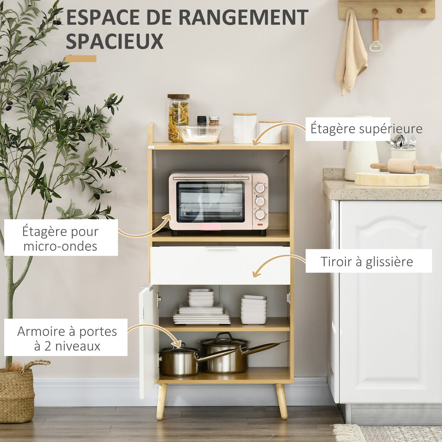 Keukenkastje – Keukenkast – Keukenmeubel – Opbergkast – Magnetronkast – Scandinavisch design – Verstelbare plank – 58 x 40 x 118 cm – Spaanplaat en massief hout