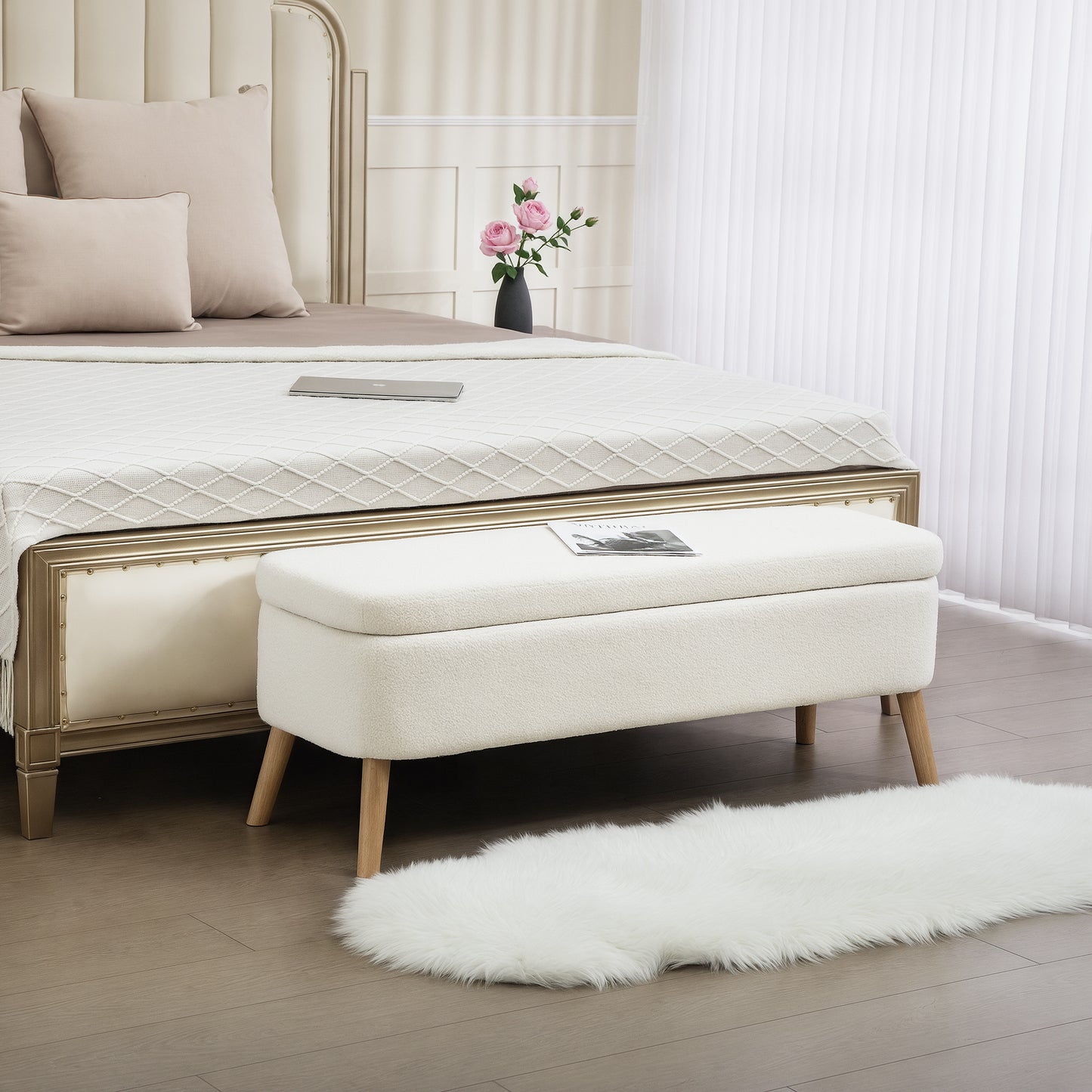 Opberghocker – Opbergbankje – Zitkist – Voetenbank – Opslagkist – Crème Wit – 65 Liter Opbergruimte – Zachte Fleece Bekleding
