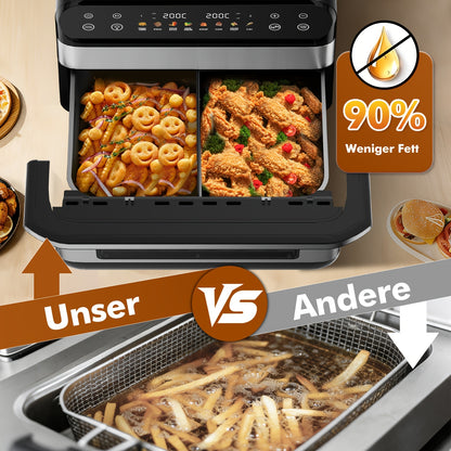 Authmic 10L Hot Air Fryer with Dual Zone/Single Chamber - 9-in-1 Multifunction Touchscreen Smart Fryer with Oil-Free, 2400W Rapid Cooking Function, Non-Stick Coated Basket & Viewing Window, 8 Preset Programs, for Family Cooki
