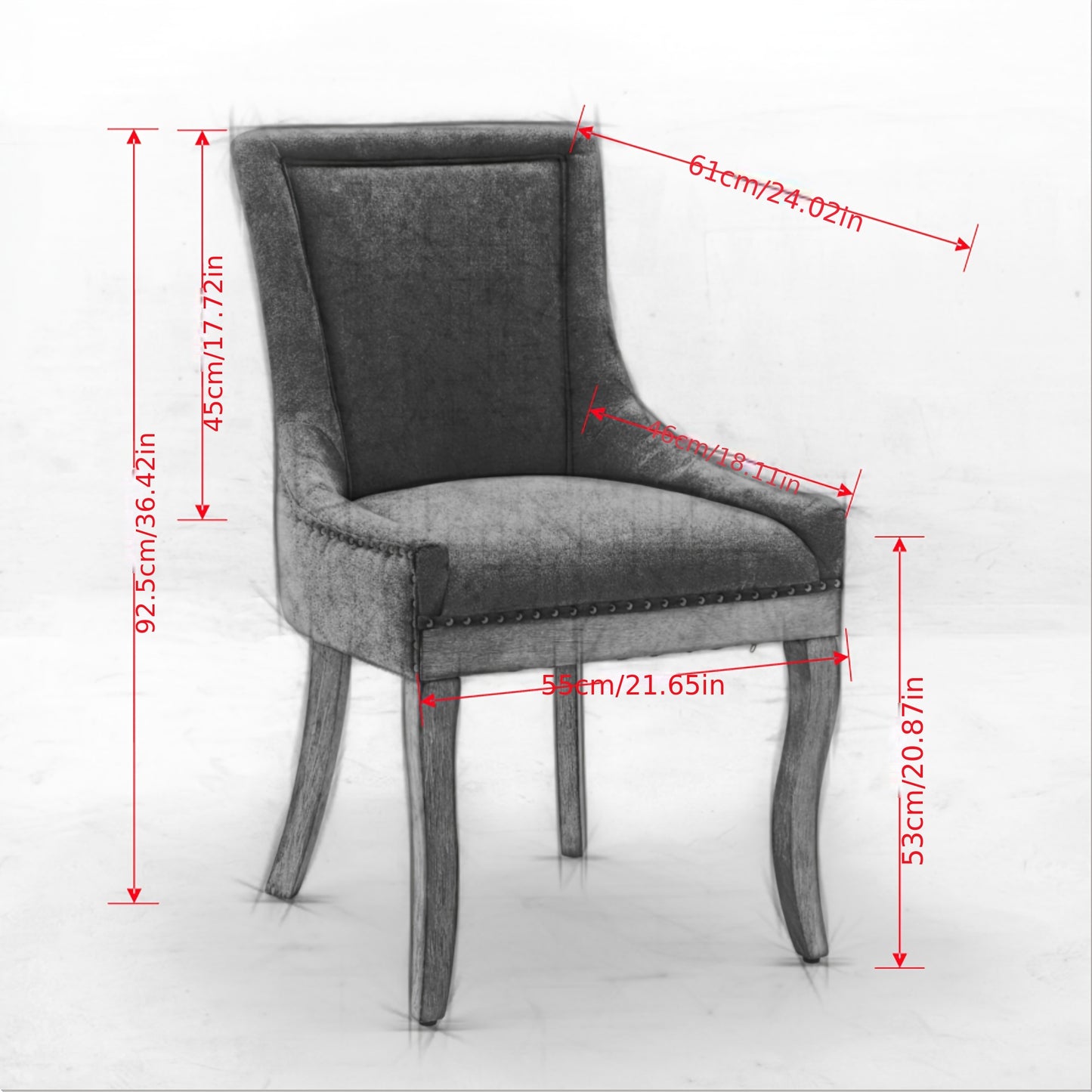 Eetkamerstoel – Stoel – Kuipstoel – Keukenstoel – Set van 2 – Gestoffeerd Metalen Frame – Ergonomische Rugleuning – Stevige Constructie – Neutrale Grijze Katoenen Bekleding – Bronze Nagelrand