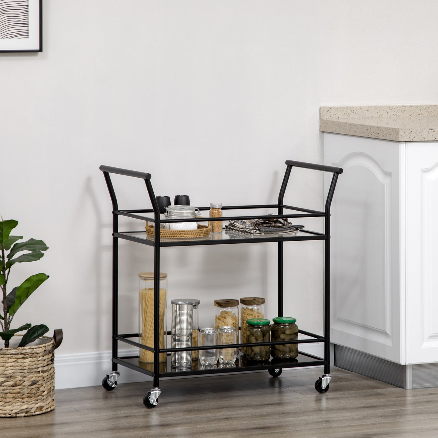 Keukentrolley – Serveerwagen – Keukenwagen – Rolwagen – Opbergtrolley – 2 glazen planken – Metalen frame – 75x40x80 cm – Zwart – 4 zwenkwielen met remmen