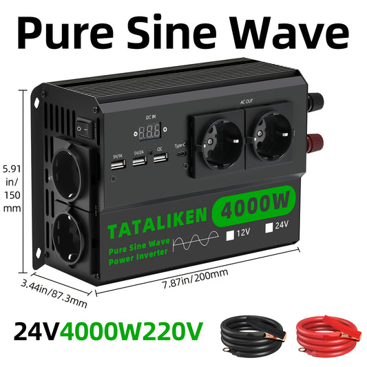Omvormer – Inverter – Spanningsomzetter – Converter – Zuivere Sinusgolf – 12V/24V Input – 1700W Continu vermogen – 3 USB + Type-C Snellader