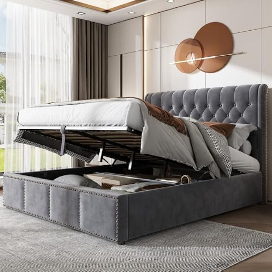 Boxspringbed – Opbergbed – Tweepersoonsbed – Slaapkamerbed – Hydraulisch Bed – Met Opbergruimte – Grijze Fluwelen Bekleding – Met Metalen Lattenbodem