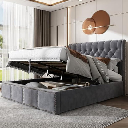 Boxspringbed – Opbergbed – Tweepersoonsbed – Slaapkamerbed – Hydraulisch Bed – Met Opbergruimte – Grijze Fluwelen Bekleding – Met Metalen Lattenbodem