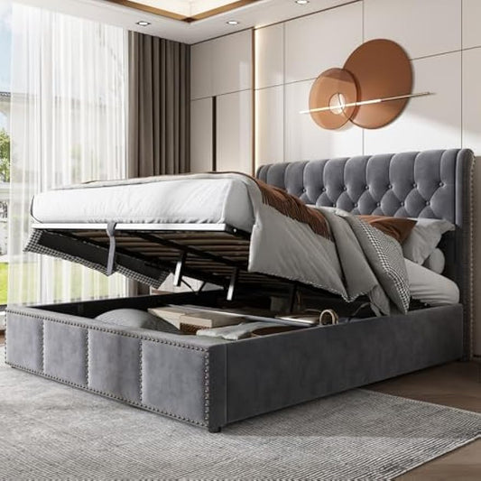 Boxspringbed – Opbergbed – Tweepersoonsbed – Slaapkamerbed – Hydraulisch Bed – Met Opbergruimte – Grijze Fluwelen Bekleding – Met Metalen Lattenbodem