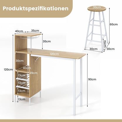 Bartafelset – Barkrukken – Barset – Keukentafel – Bistroset – Met Wijnrek en Glazenhouder – Compact Natuurlijke Kleur – MDF Tafelblad Met Metalen Frame