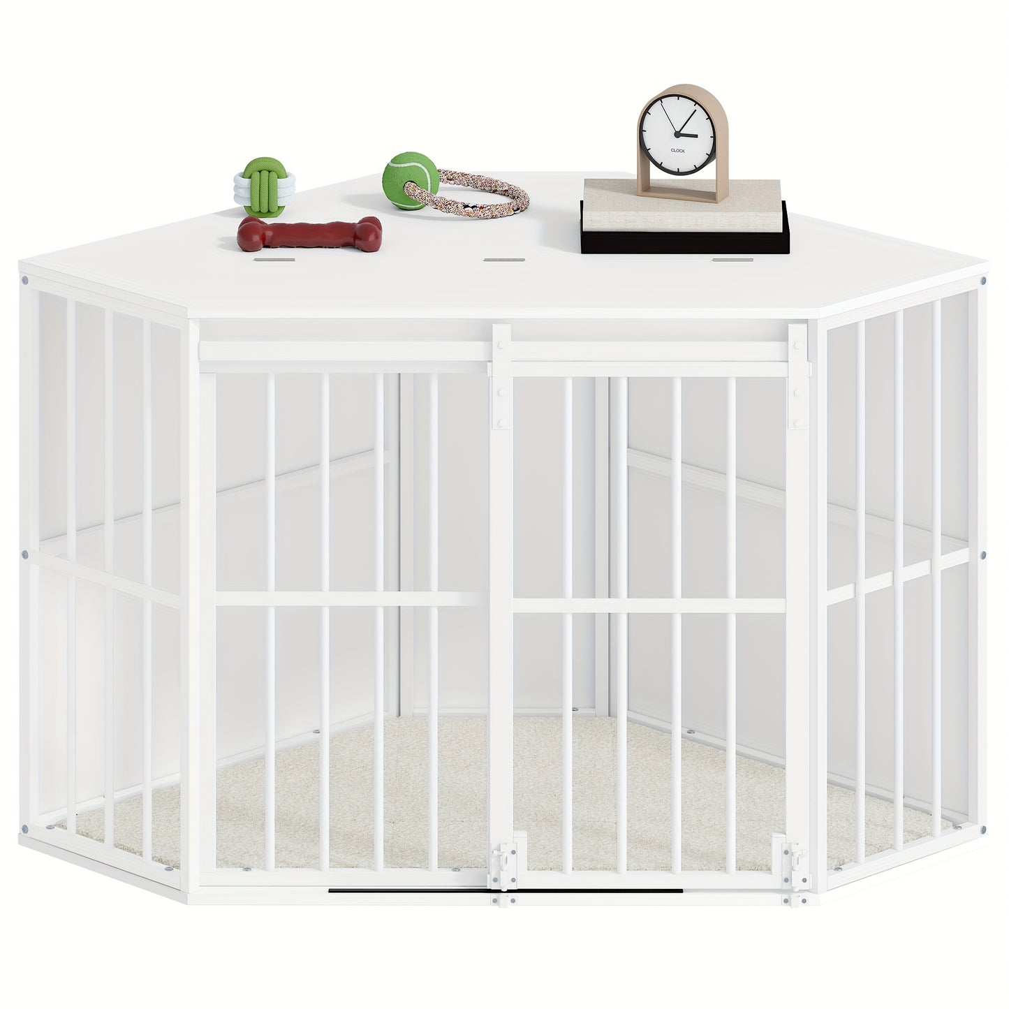 Corner Dog Cage, Dog Crate For Home, Dog Cage Furniture With Cushion And Sliding Doors, Modern Wooden Indoor Dog Crate With Hinged Lid For Medium And Small Dogs, 107 X 59.6 X 64 Cm, White