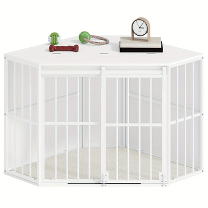 Corner Dog Cage, Dog Crate For Home, Dog Cage Furniture With Cushion And Sliding Doors, Modern Wooden Indoor Dog Crate With Hinged Lid For Medium And Small Dogs, 107 X 59.6 X 64 Cm, White