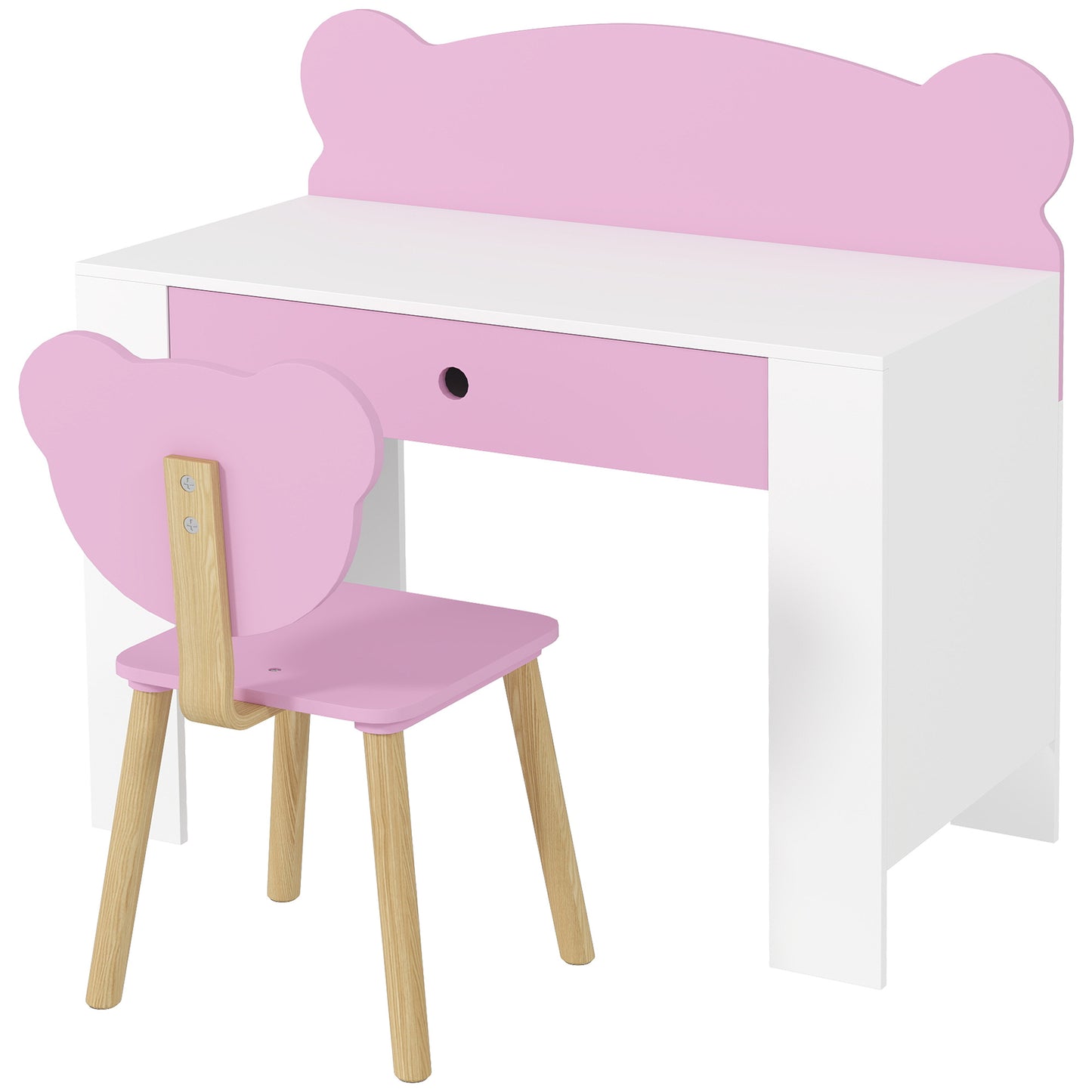 Bureau Kinderen – Kinderbureau – Schrijftafel – Speelbureau – Werkplek Kinderkamer – Inclusief Stoel – Veilig Met Lade – Beerprint Roze
