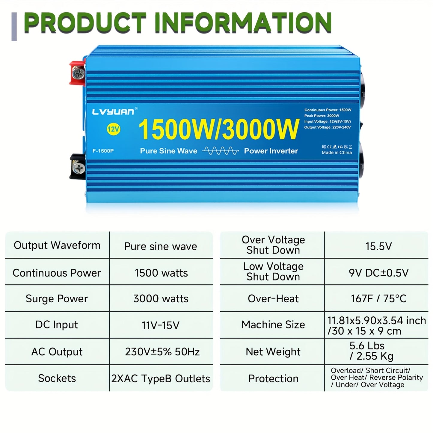 Omvormer 12V Naar 230V – DC Naar AC Converter – Power Inverter – Zuivere Sinus Omvormer – 1500W / 3000W Pieklast – LCD & LED Display – Aluminium Behuizing