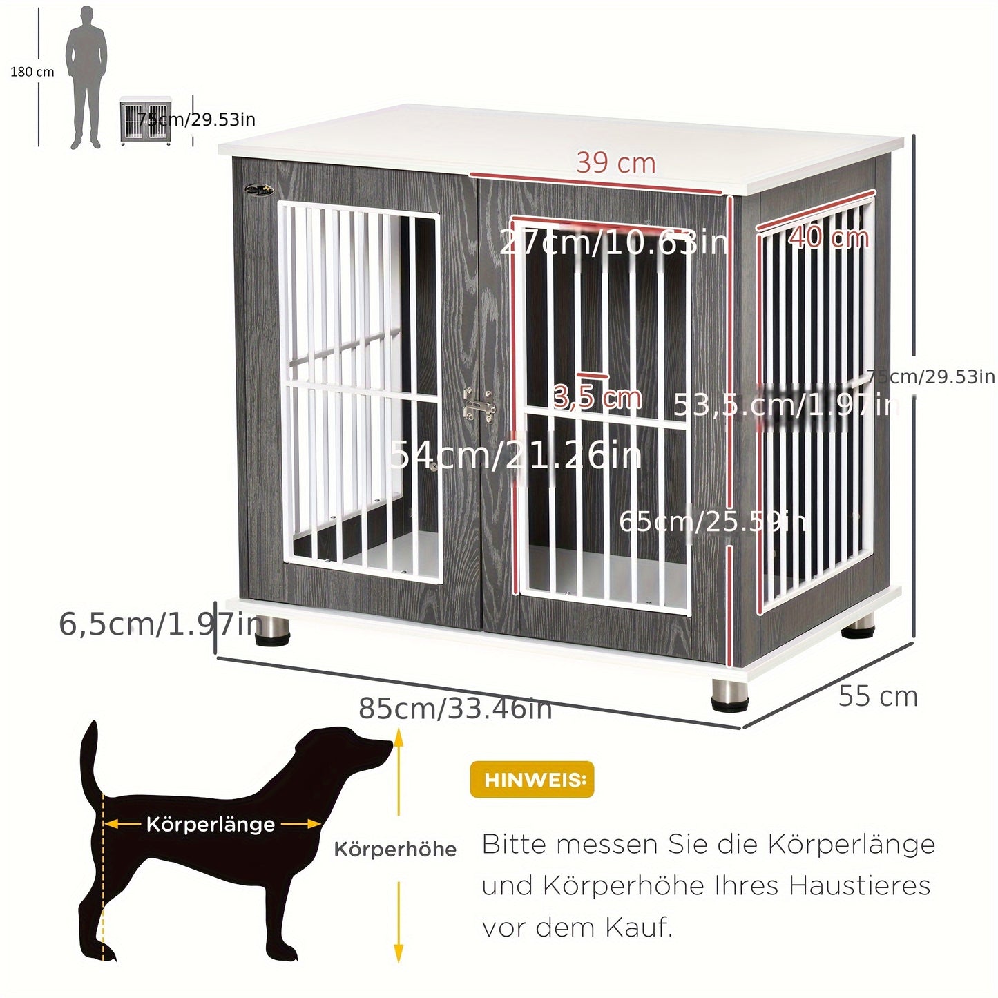Hondenbench – Hondenkooi – Dog crate – Dierenbench – Huisdierbench – Medium – Stalen Constructie – Multifunctionele Bijzettafel Met Kussen – Modern Grijs-Wit – Ruim & Toegankelijk