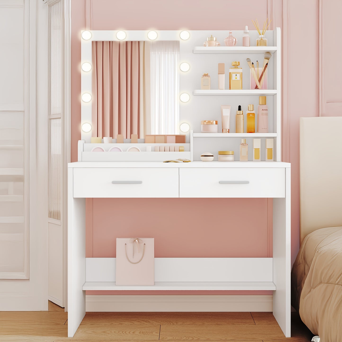 Kaptafel – Make-up Tafel – Opmaktafel – Visagietafel – Beautytafel – Met Spiegel en LED Verlichting – 2 Lades en 4 Open Vakken – Modern Wit – 3 Lichtstanden