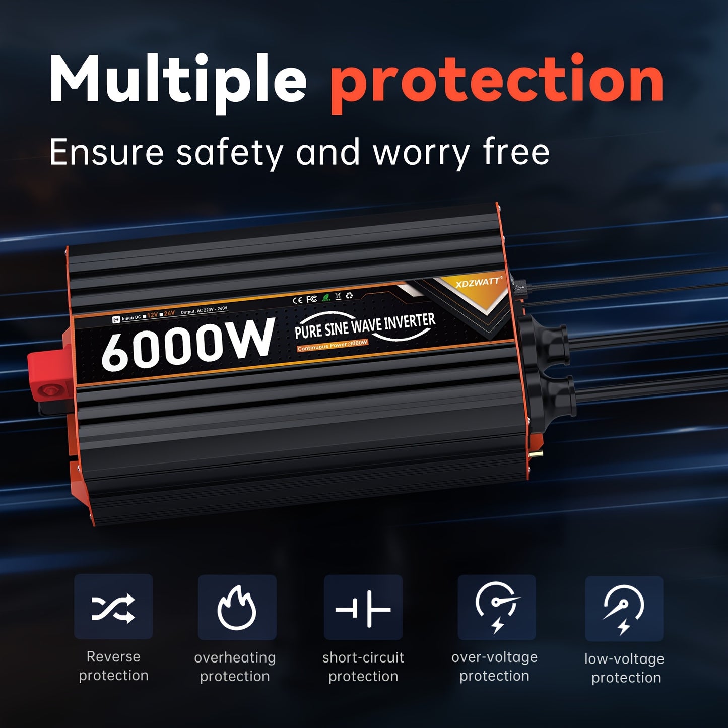 Omvormer – Spanningsomvormer – Stroomomzetter – Stroominverter – 24V 6000W EU – Pure Sinusgolf – 2 Stopcontacten met USB Type-C & LCD display