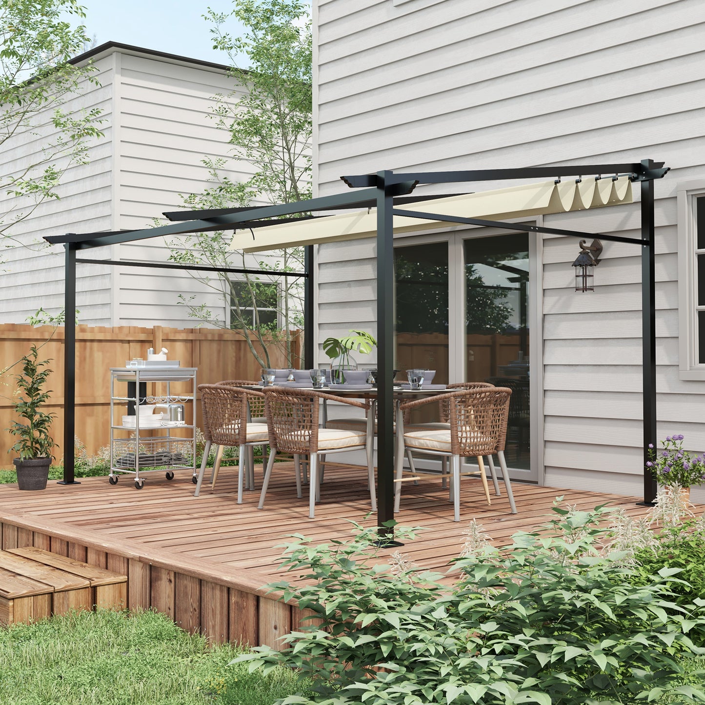 Pergola – Tuinpaviljoen – Terrasoverkapping – Prieel – Zonneluifel – Uitschuifbaar Dak – Metalen Frame Epoxy Coating – Polyester Doek 180 g/m² Beige 4x3 m