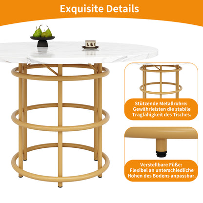 Ronde Eettafel – Eettafel Rond – Keukentafel – Tafel Marmerlook – Tafeltje Goudkleurig Metaal – 100 cm Diameter – Verstelbare Poten