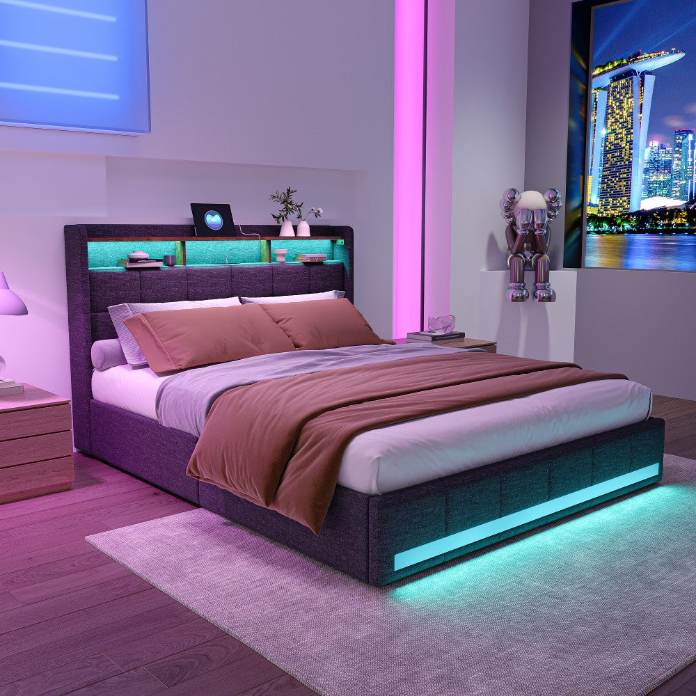 Double Bed with Storage, LED Lighting, 4 Drawers, Storage Function, USB Charging, Quick Assembly, Metal And Linen Bed Frame, Classic, for Adults, Ideal for 8Mj4Txd Bedroom.
