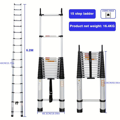 Vouwladder – Telescopische Ladder – Opvouwbare Ladder – Uitschuifbare Ladder – Steigerladder – Aluminium – Verstelbaar tot 6,2 Meter – Anti-slip Rubber Voeten